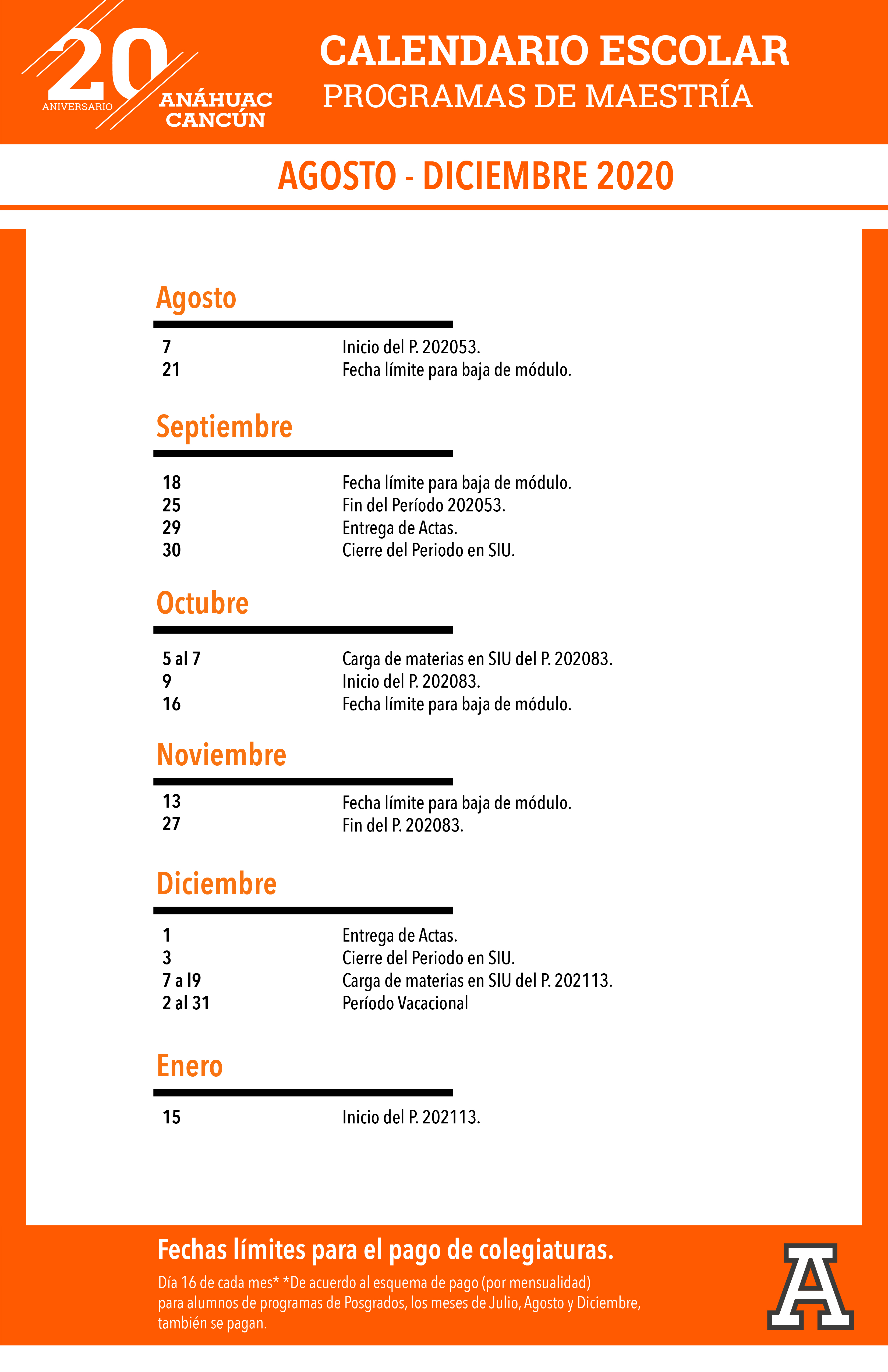 Calendario Escolar Posgrados Universidad Anáhuac Cancún